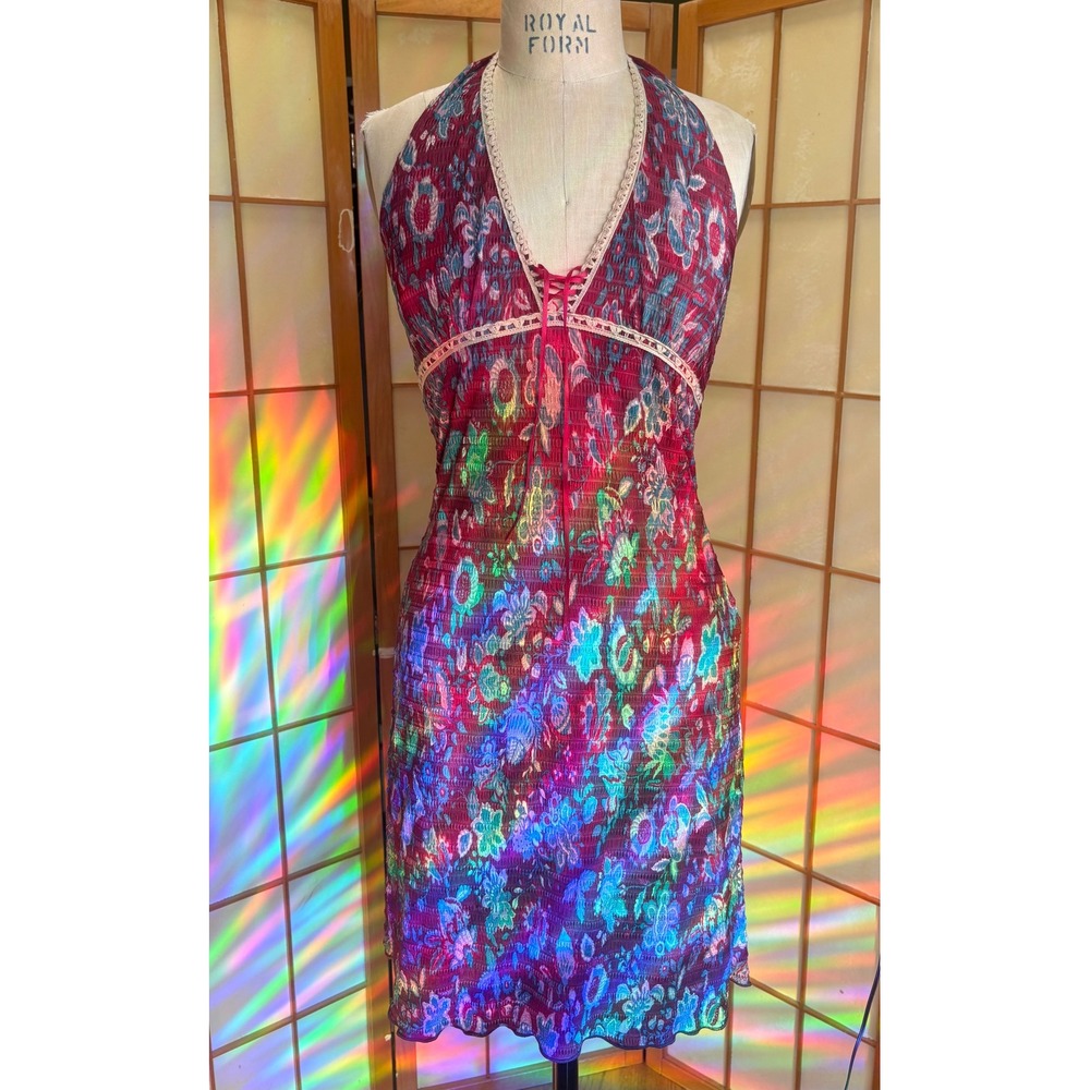 Xhilaration Floral Smocked Halter Dress Burgundy Teal Lace Up Boho Mini Small